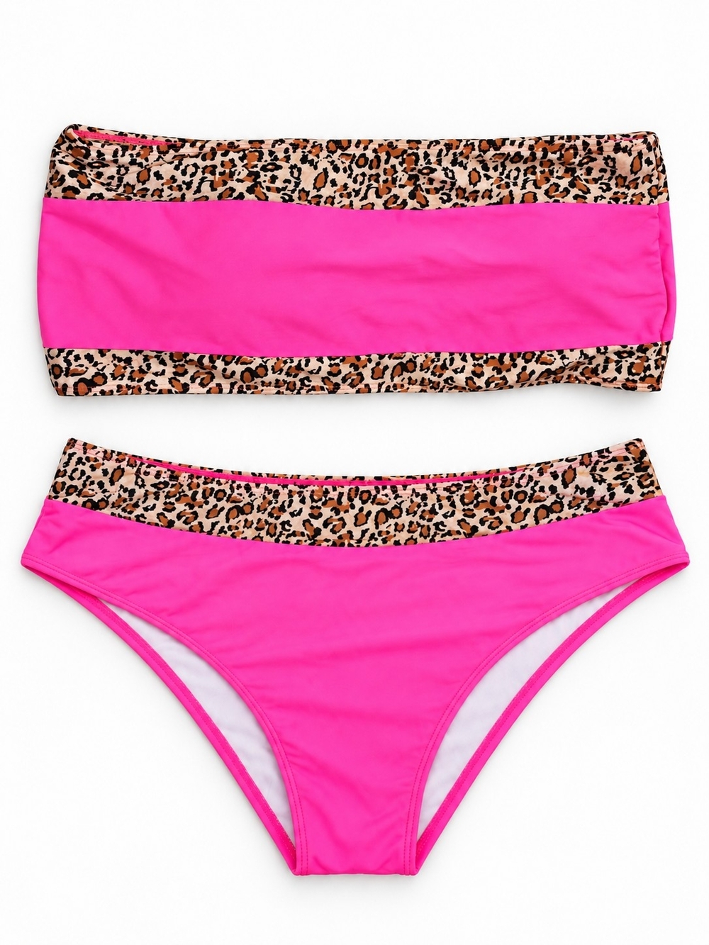 Hot Pink Leopard-Trim Bikini 2 Piece Swim Suit